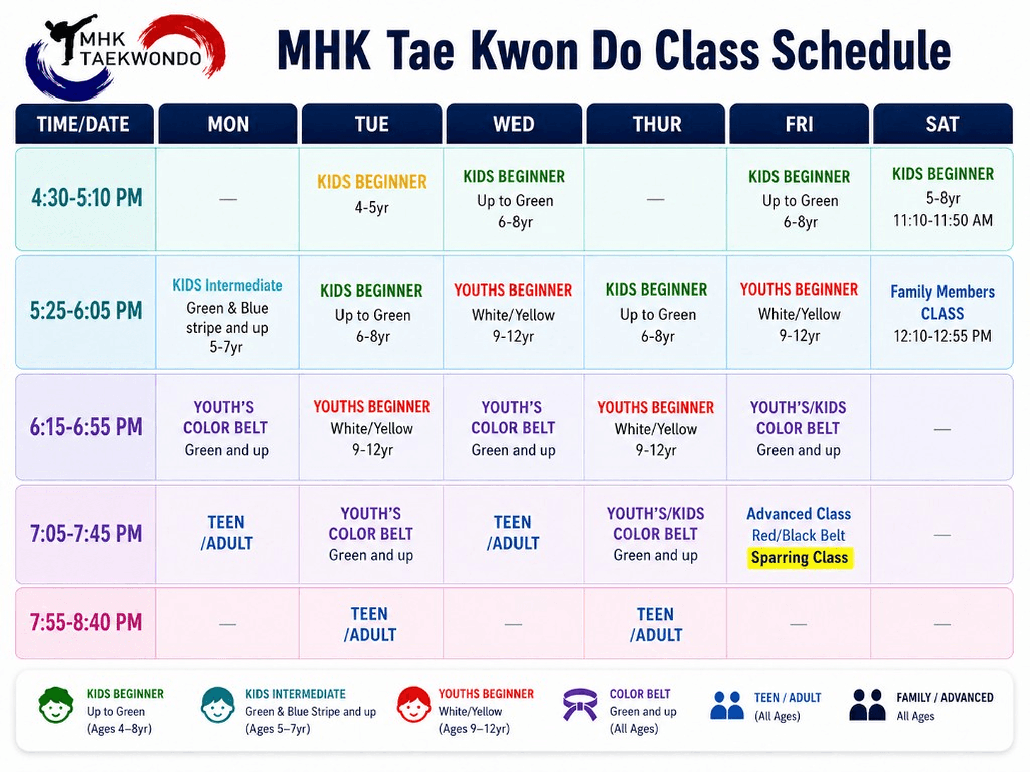 MHK Taekwondo Summer Class Schedule, July to August 2026
