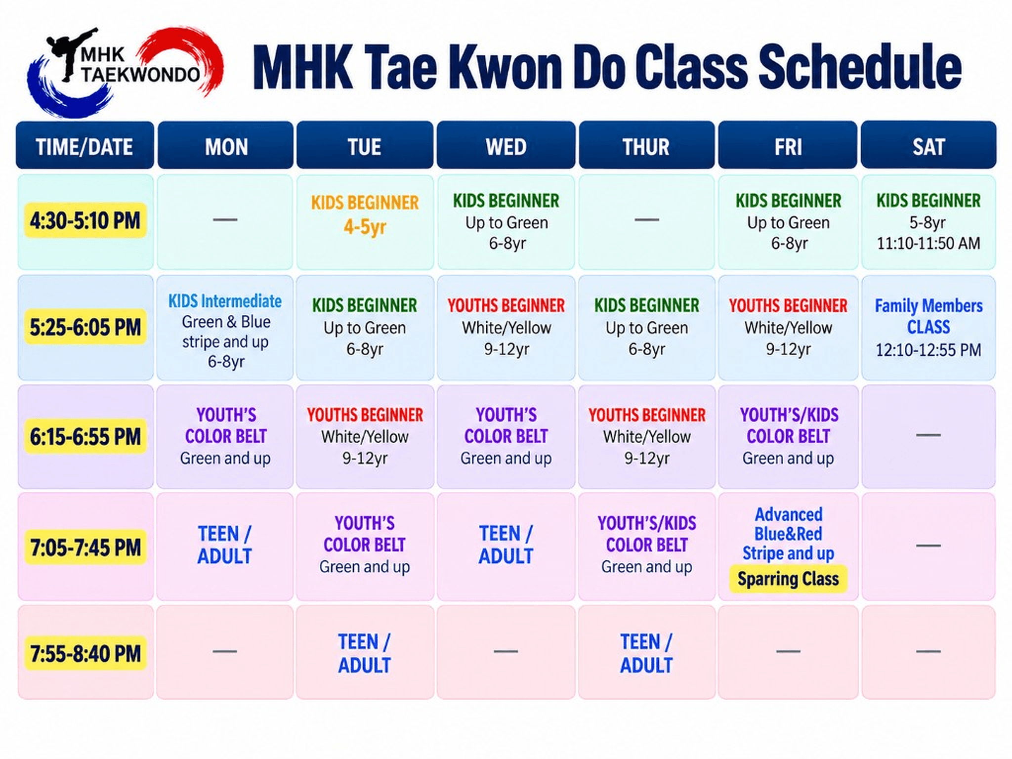 MHK Taekwondo Class Schedule